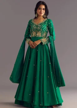 Green Russian Silk Front Slit Kurta Dupatta Set With Beaded Embroidery