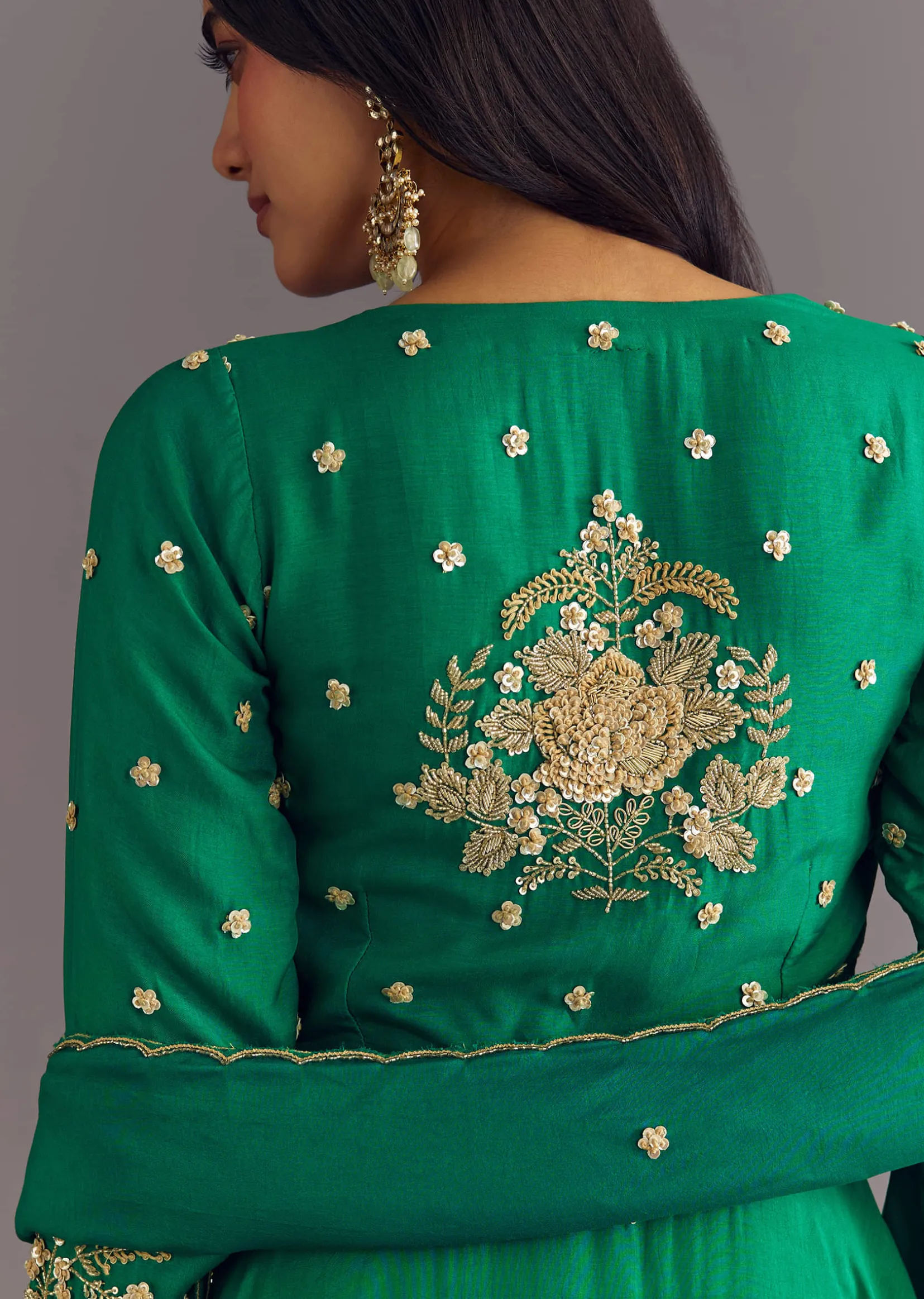 Green Russian Silk Front Slit Kurta Dupatta Set With Beaded Embroidery