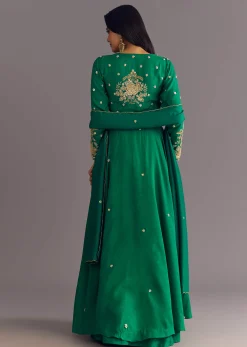 Green Russian Silk Front Slit Kurta Dupatta Set With Beaded Embroidery