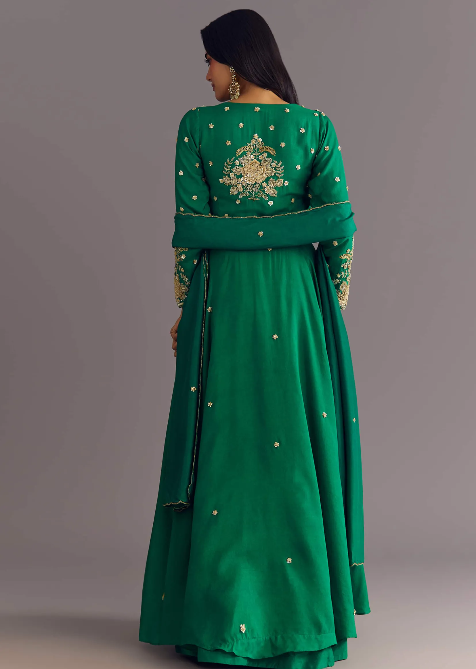 Green Russian Silk Front Slit Kurta Dupatta Set With Beaded Embroidery