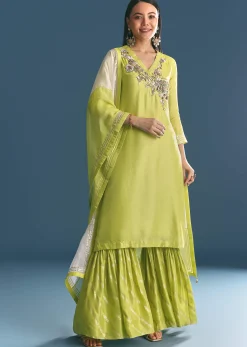 Green Russian Silk Kurta Sharara Suit With Gotta Work