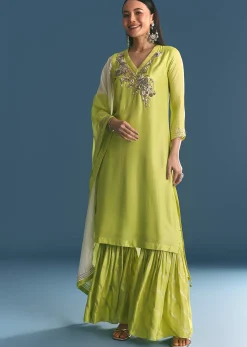 Green Russian Silk Kurta Sharara Suit With Gotta Work