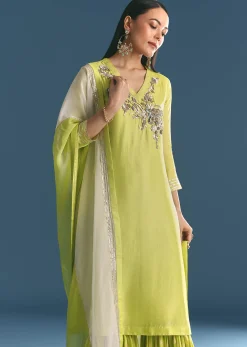Green Russian Silk Kurta Sharara Suit With Gotta Work