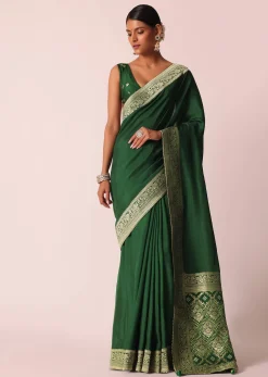 Green Saree In Silk With Woven Bandhani Detail And Unstitched Blouse Piece