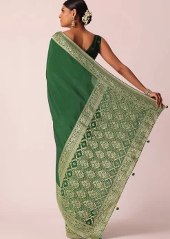 Green Saree In Silk With Woven Bandhani Detail And Unstitched Blouse Piece
