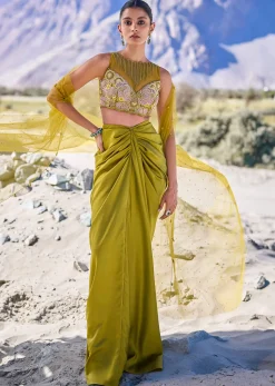 Green Satin Drape Skirt With Embroidered Blouse And Net Cape