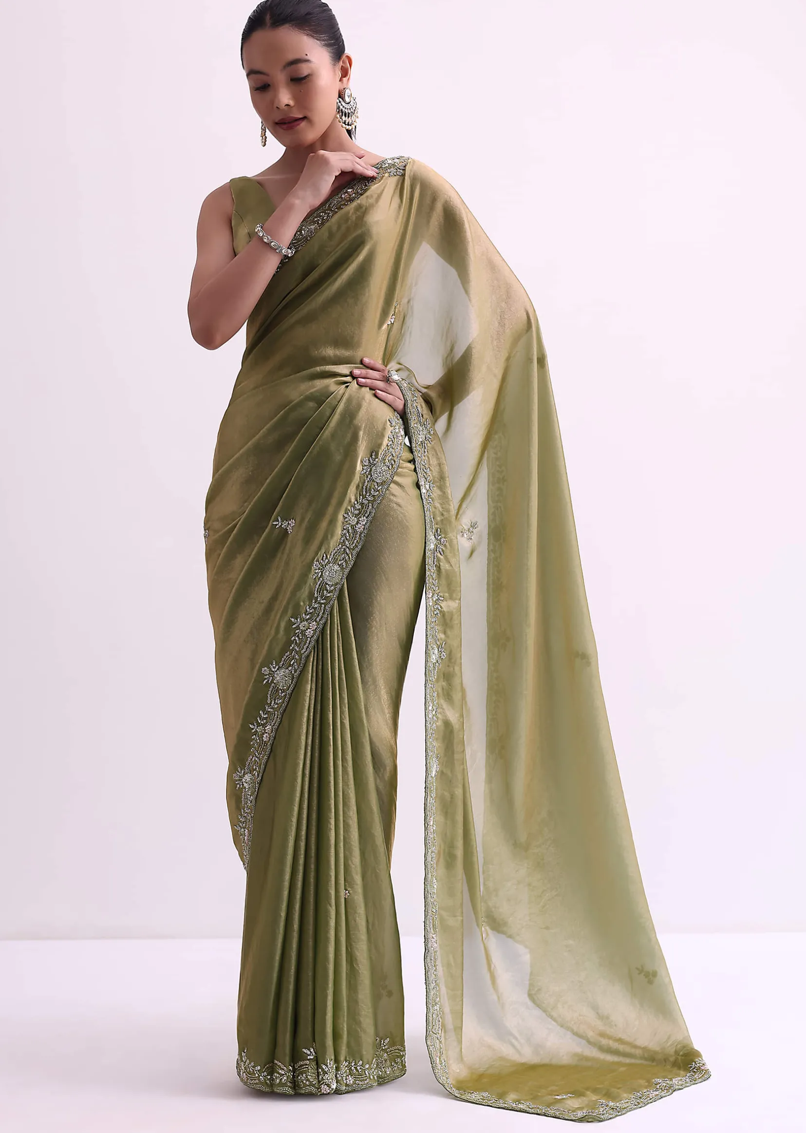 Green Satin Tissue Saree With Sequin Scallop Work And Unstitched Blouse Fabric