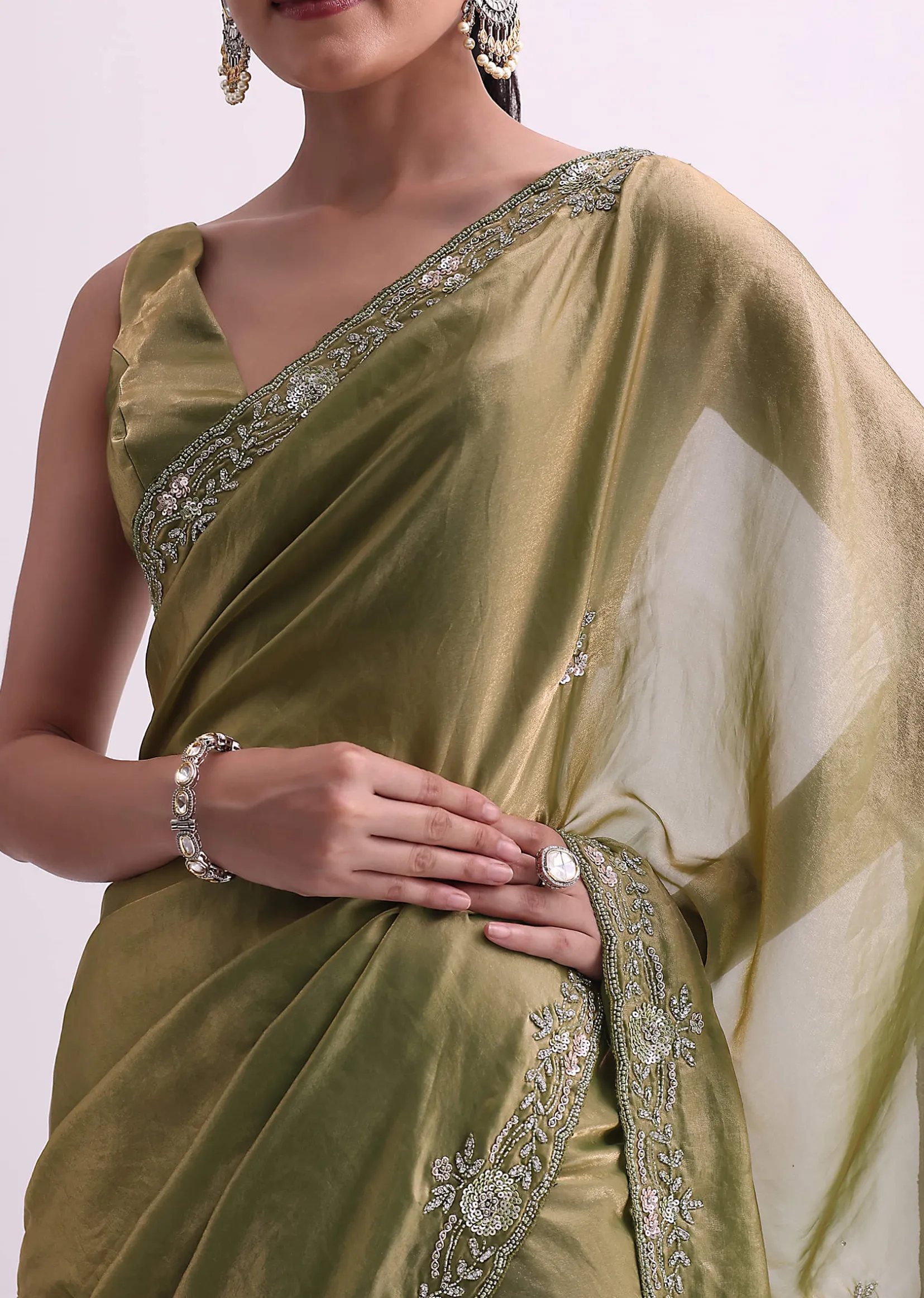 Green Satin Tissue Saree With Sequin Scallop Work And Unstitched Blouse Fabric