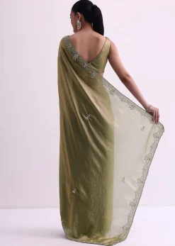 Green Satin Tissue Saree With Sequin Scallop Work And Unstitched Blouse Fabric