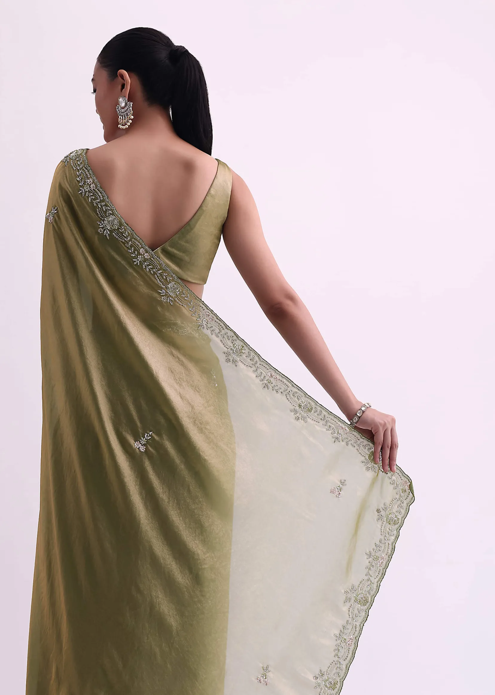 Green Satin Tissue Saree With Sequin Scallop Work And Unstitched Blouse Fabric