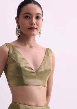 Green Satin Tissue Saree With Sequin Scallop Work And Unstitched Blouse Fabric