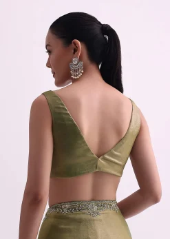 Green Satin Tissue Saree With Sequin Scallop Work And Unstitched Blouse Fabric