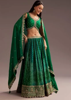Green Sequins Bandhani Lehenga Dupatta Set