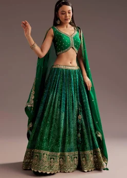 Green Sequins Bandhani Lehenga Dupatta Set