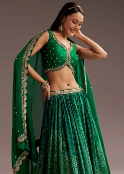Green Sequins Bandhani Lehenga Dupatta Set