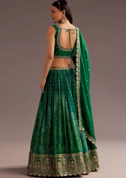Green Sequins Bandhani Lehenga Dupatta Set