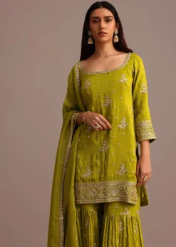 Green Sequins Kurti Sharara With Chanderi Banarasi Dupatta