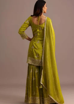 Green Sequins Kurti Sharara With Chanderi Banarasi Dupatta