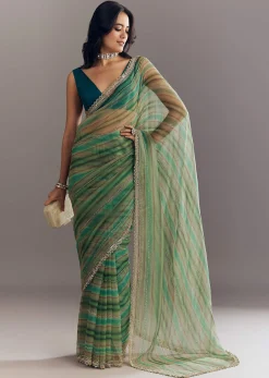Green Shaded Tissue Saree With Cutwork Scallop Border