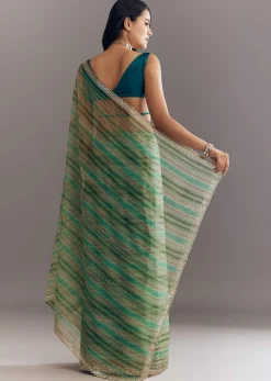 Green Shaded Tissue Saree With Cutwork Scallop Border