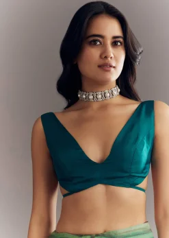Green Shaded Tissue Saree With Cutwork Scallop Border