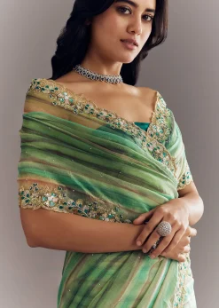 Green Shaded Tissue Saree With Cutdana Sequins And Beads Embroidery And Scallop Border