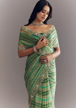 Green Shaded Tissue Saree With Cutdana Sequins And Beads Embroidery And Scallop Border