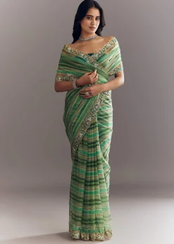 Green Shaded Tissue Saree With Cutdana Sequins And Beads Embroidery And Scallop Border