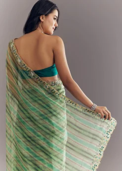 Green Shaded Tissue Saree With Cutdana Sequins And Beads Embroidery And Scallop Border