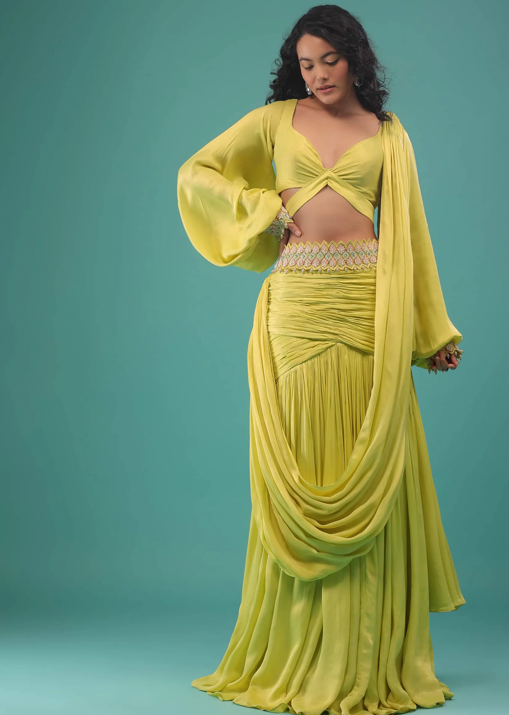 Green Sheen Yellow Ready To Wear Saree In Satin