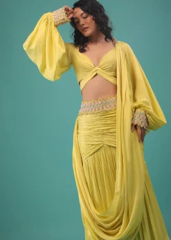 Green Sheen Yellow Ready To Wear Saree In Satin