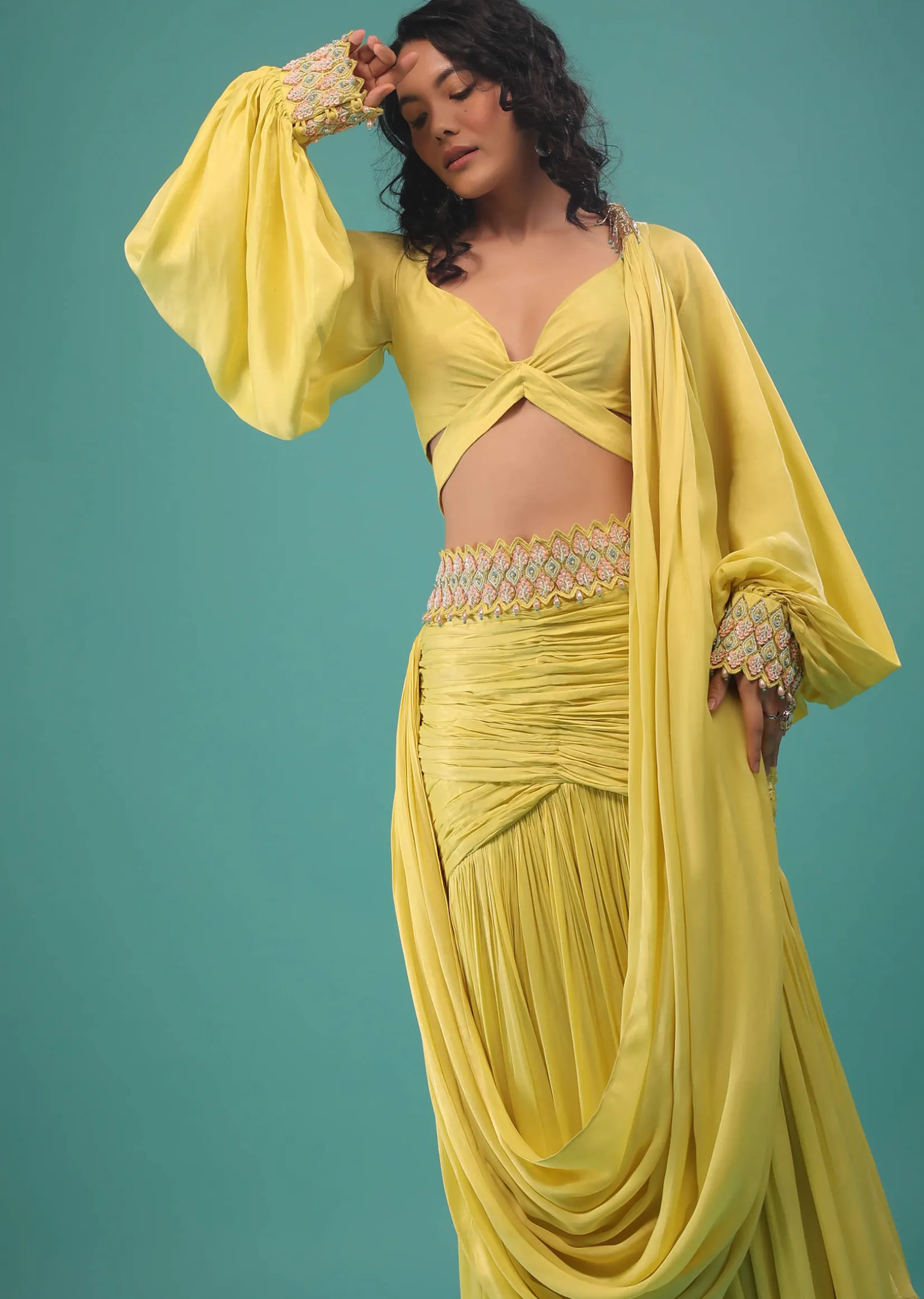 Green Sheen Yellow Ready To Wear Saree In Satin