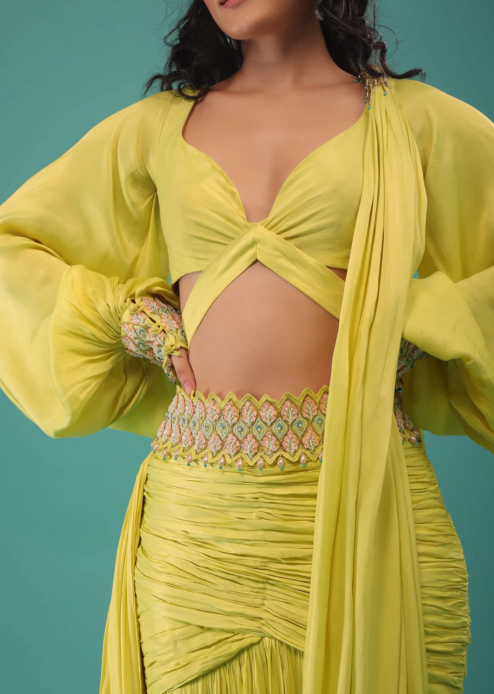Green Sheen Yellow Ready To Wear Saree In Satin