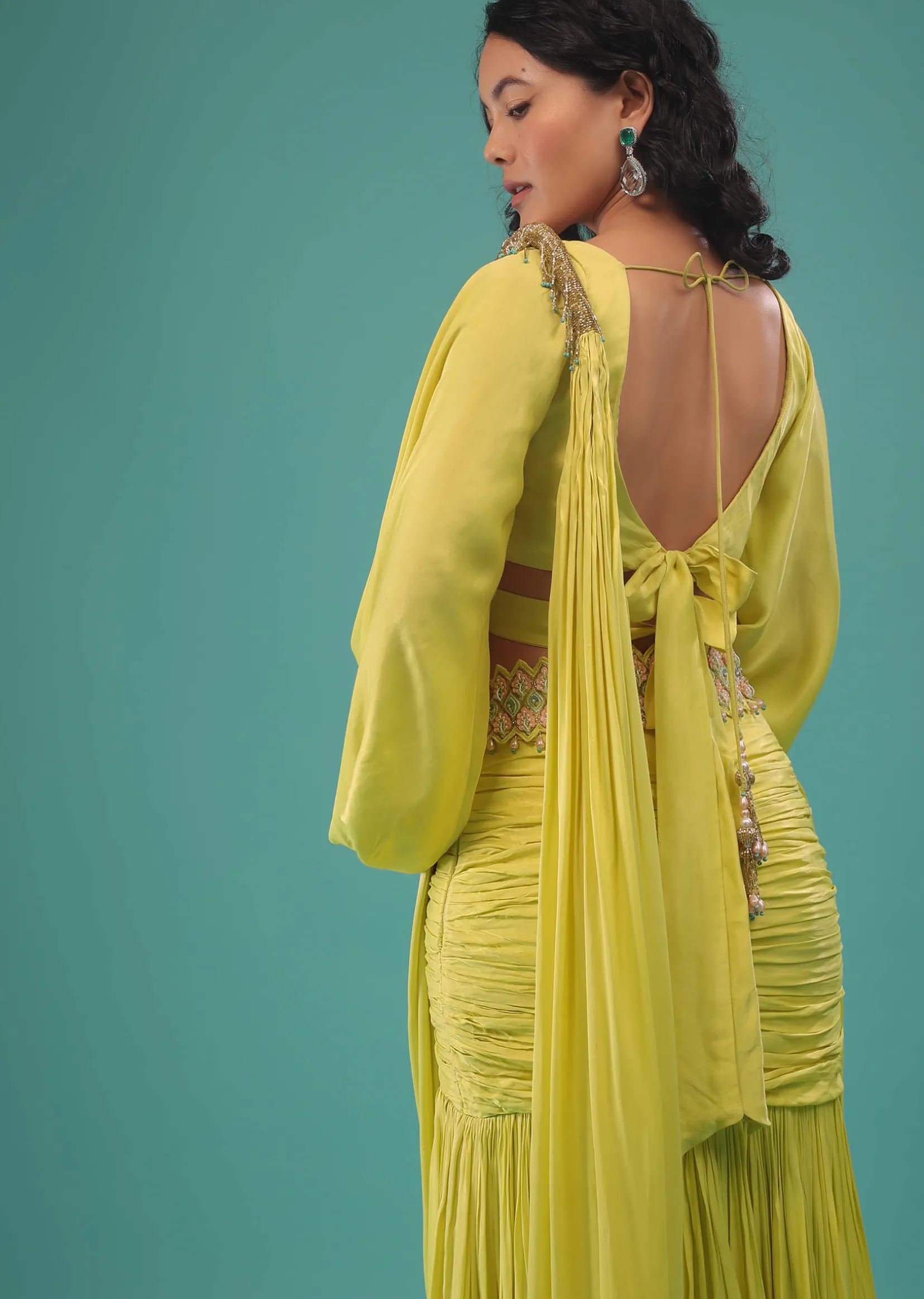 Green Sheen Yellow Ready To Wear Saree In Satin