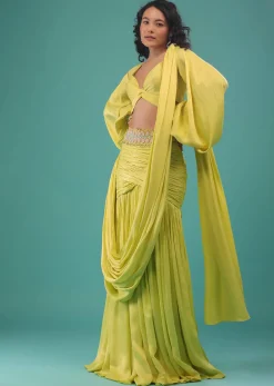 Green Sheen Yellow Ready To Wear Saree In Satin