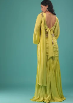 Green Sheen Yellow Ready To Wear Saree In Satin