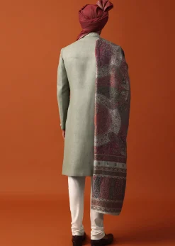 Green Sherwani Set Featuring Exquisite Neckline Embroidery With A Pashmina Dupatta