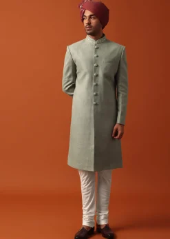 Green Sherwani Set Featuring Exquisite Neckline Embroidery With A Pashmina Dupatta