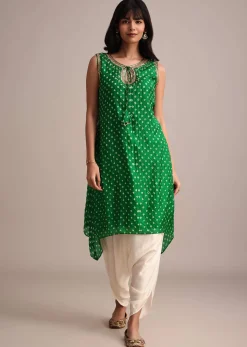 Green Silk Bandhani Print Kurta Dhoti Set