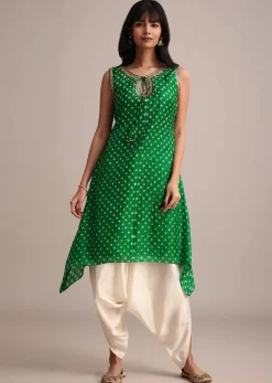 Green Silk Bandhani Print Kurta Dhoti Set