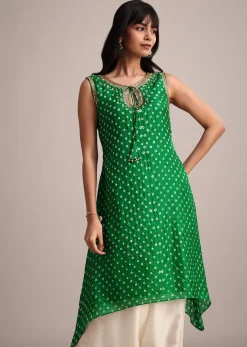 Green Silk Bandhani Print Kurta Dhoti Set