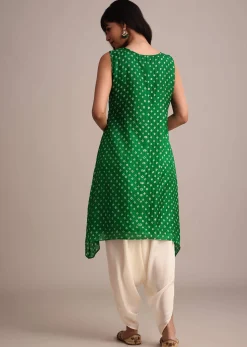 Green Silk Bandhani Print Kurta Dhoti Set