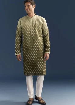 Green Silk Foil Kurta Set For Men With Sequins Embroidery