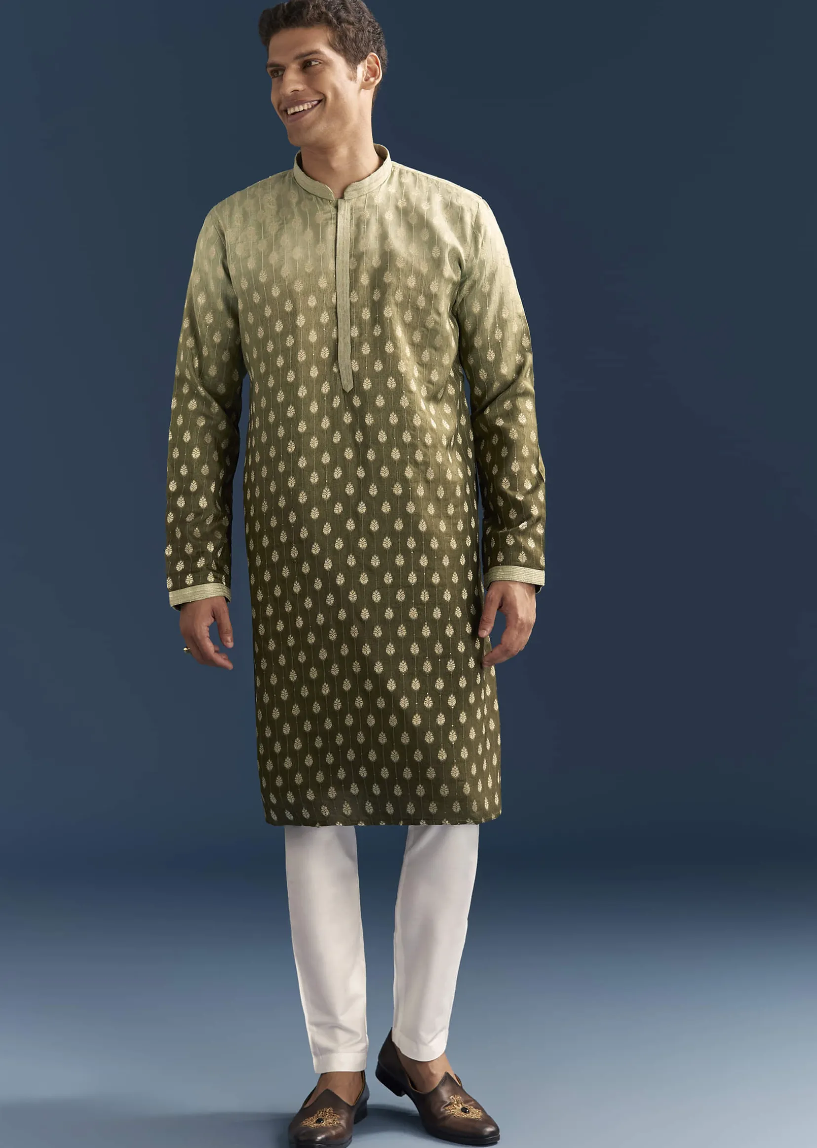 Green Silk Foil Kurta Set For Men With Sequins Embroidery