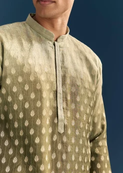 Green Silk Foil Kurta Set For Men With Sequins Embroidery