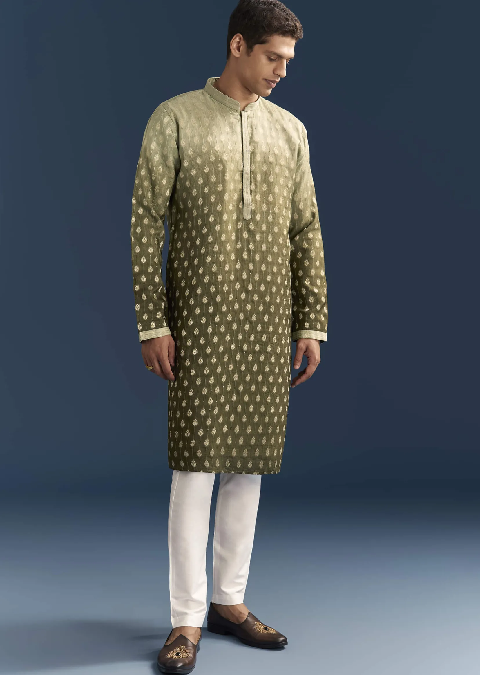 Green Silk Foil Kurta Set For Men With Sequins Embroidery