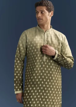 Green Silk Foil Kurta Set For Men With Sequins Embroidery