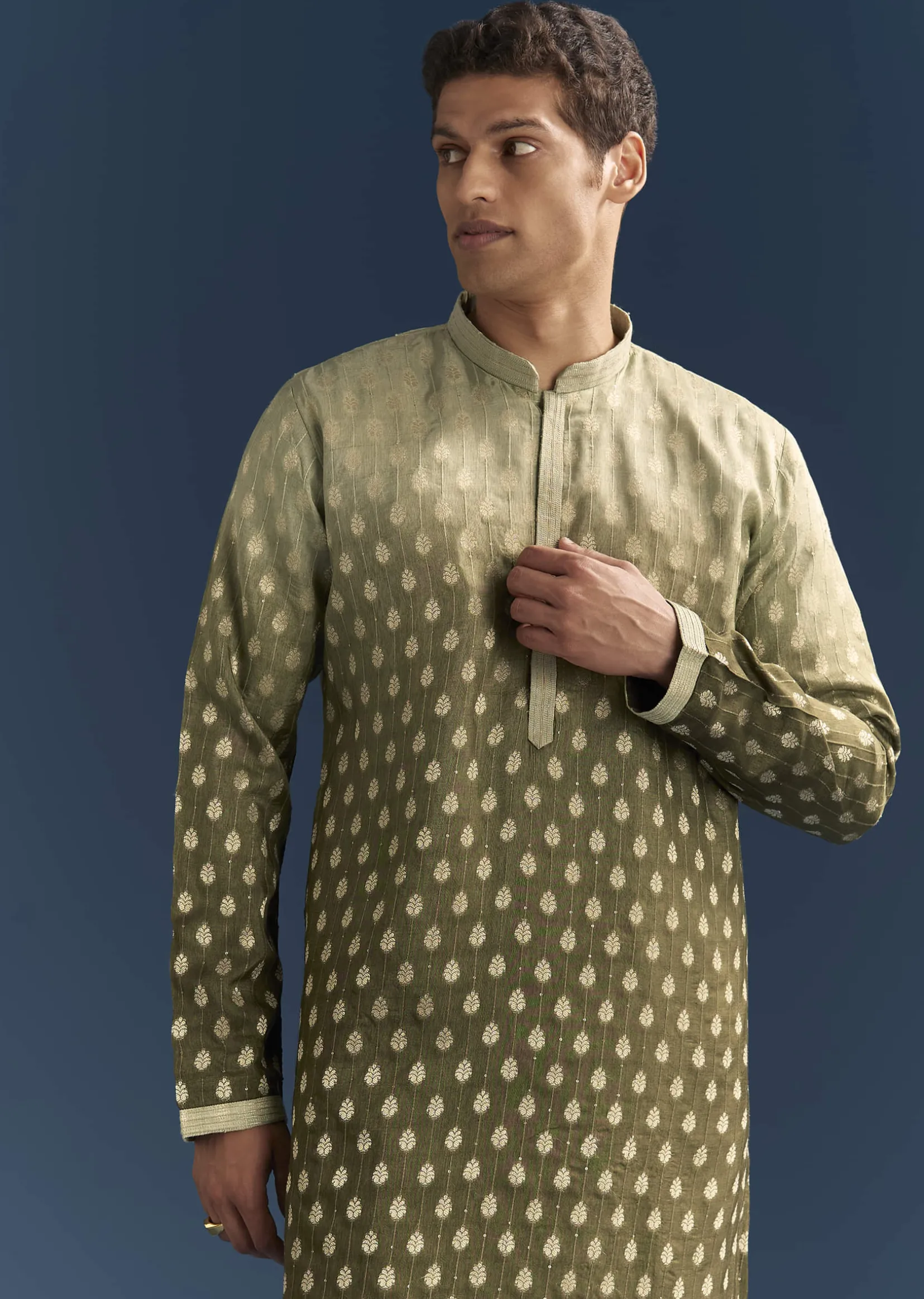 Green Silk Foil Kurta Set For Men With Sequins Embroidery