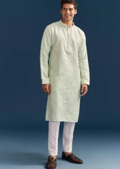 Green Silk Kurta Set For Men With Mirror Embroidery