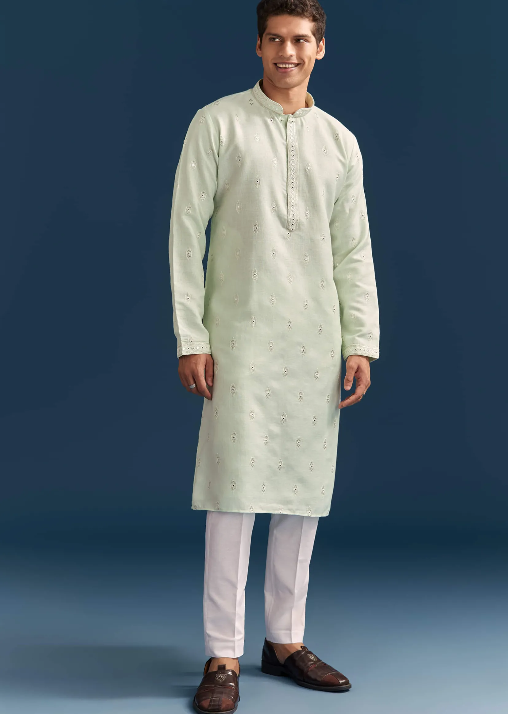 Green Silk Kurta Set For Men With Mirror Embroidery